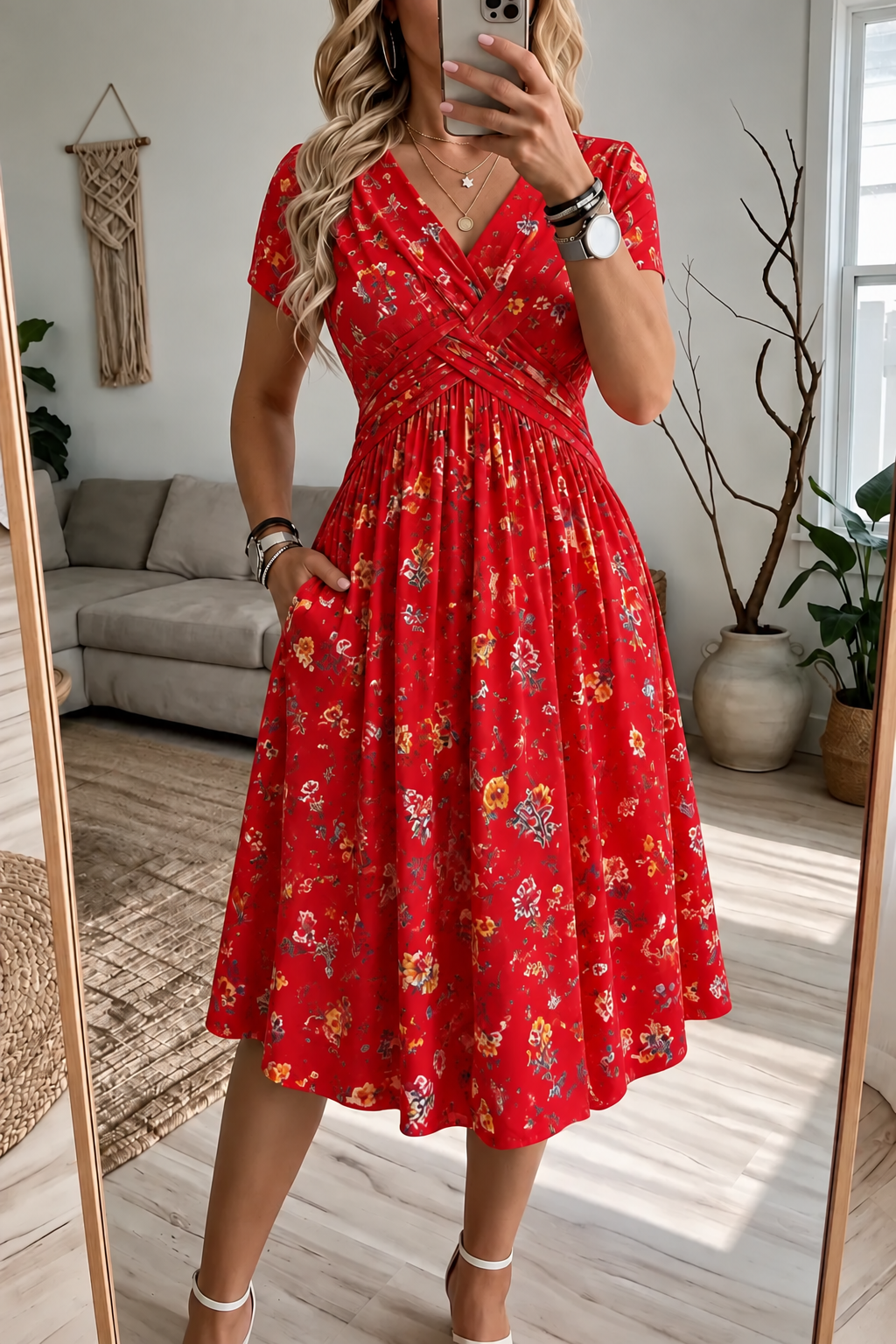 Women's V-Neck Floral Print Dress with Twist Waist