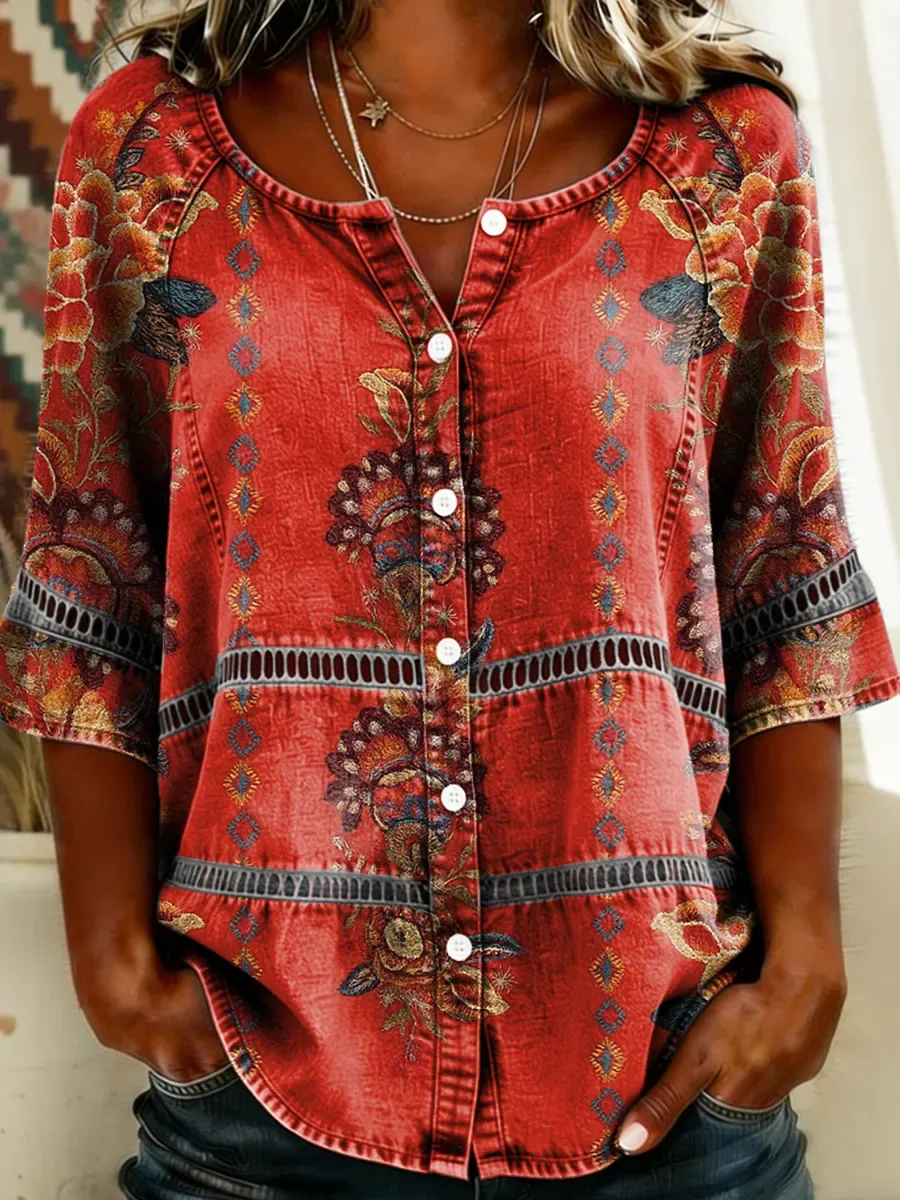 Women's Floral Print Round Neck 3/4 Sleeve Lace Cutout Shirt