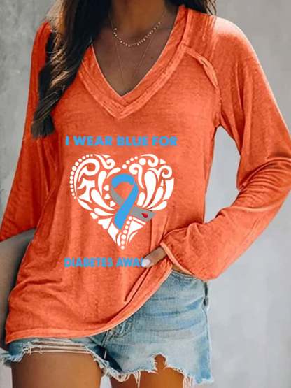 Women's I Wear Blue For Diabetes Awareness Print Long Sleeves Casual T-Shirt