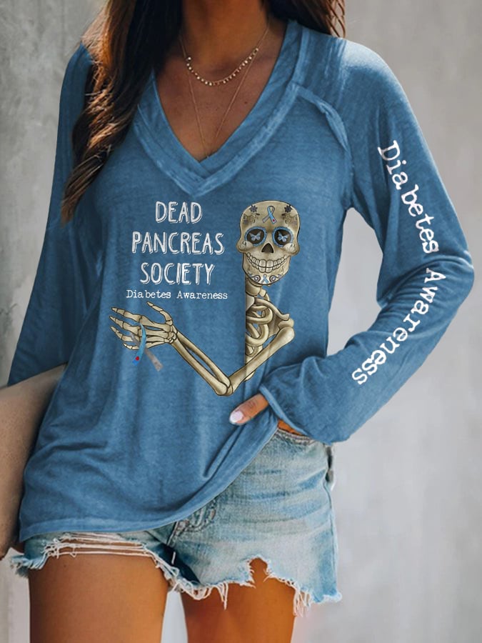 V-Neck Retro Diabetes Awareness Dead Pancreas Society Long Sleeve T-Shirt