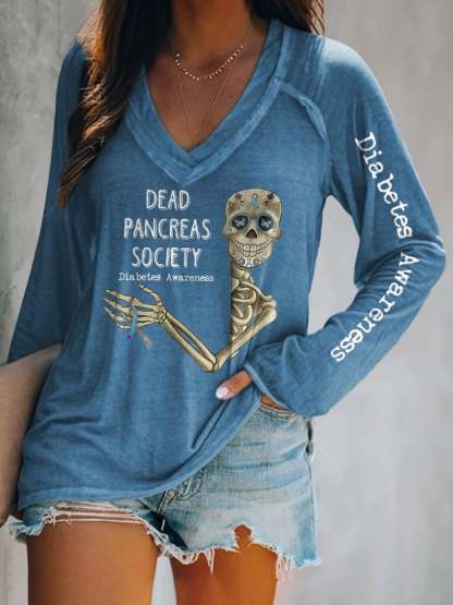 V-Neck Retro Diabetes Awareness Dead Pancreas Society Long Sleeve T-Shirt