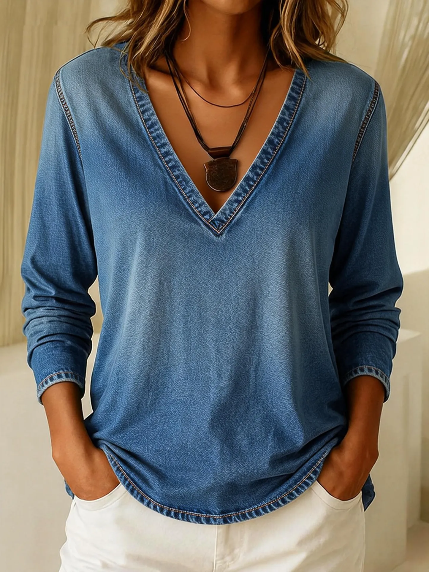 Women's Casual Long-Sleeve V-Neck Washed Cotton Denim T-Shirt