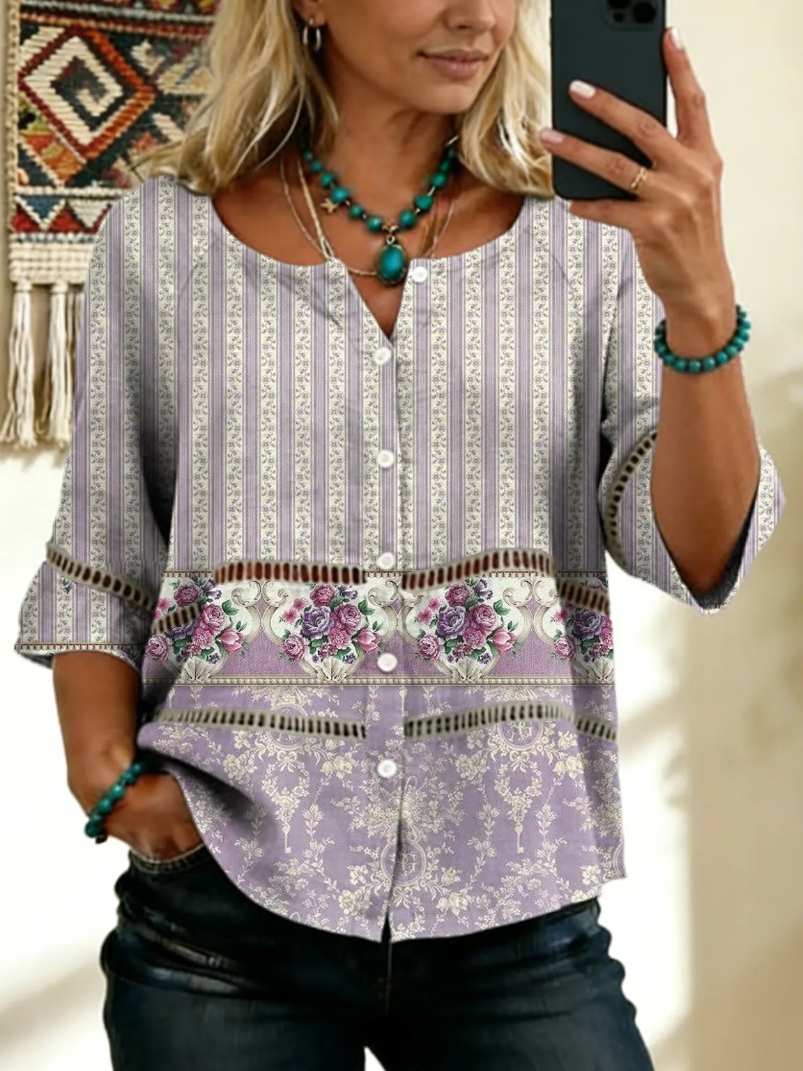 Women's Vintage Floral Art Print Tie-front Button-up Cotton-linen Blend Short-sleeve Shirt