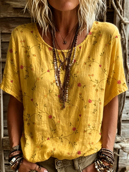 Women's Short-sleeve Crew-neck Cotton-linen T-shirt With Floral Art Print