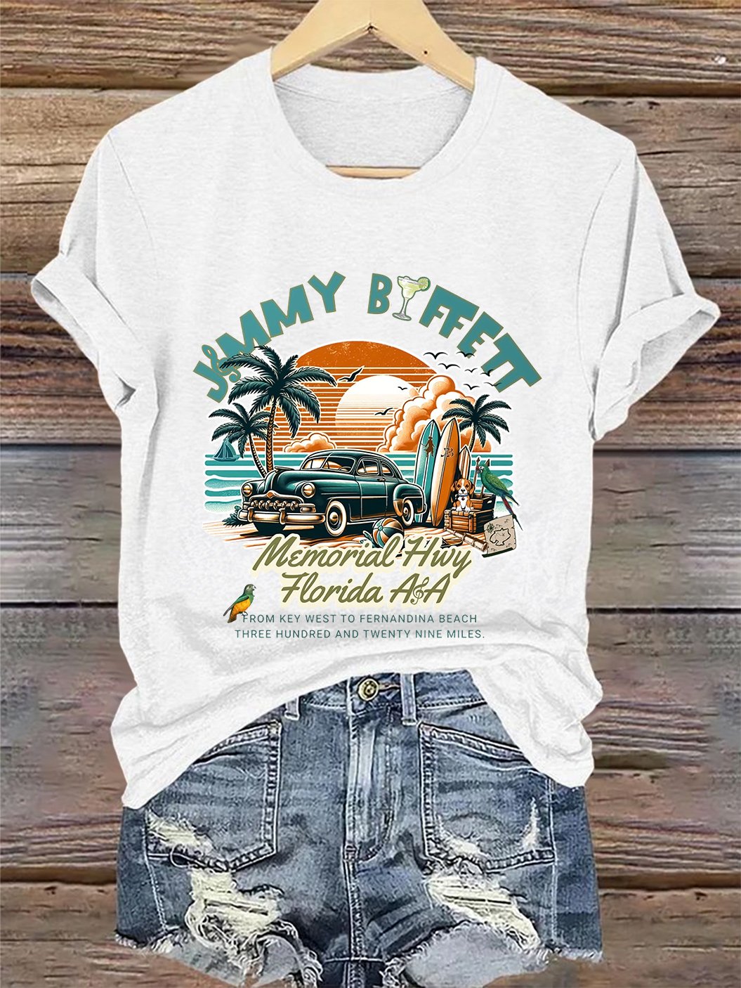 Retro Vacation Palm Trees Memorial Hwy  Florida From Key West To Fernandina Beach  Three Hundred And Twenty Nine Miles Print T-Shirt