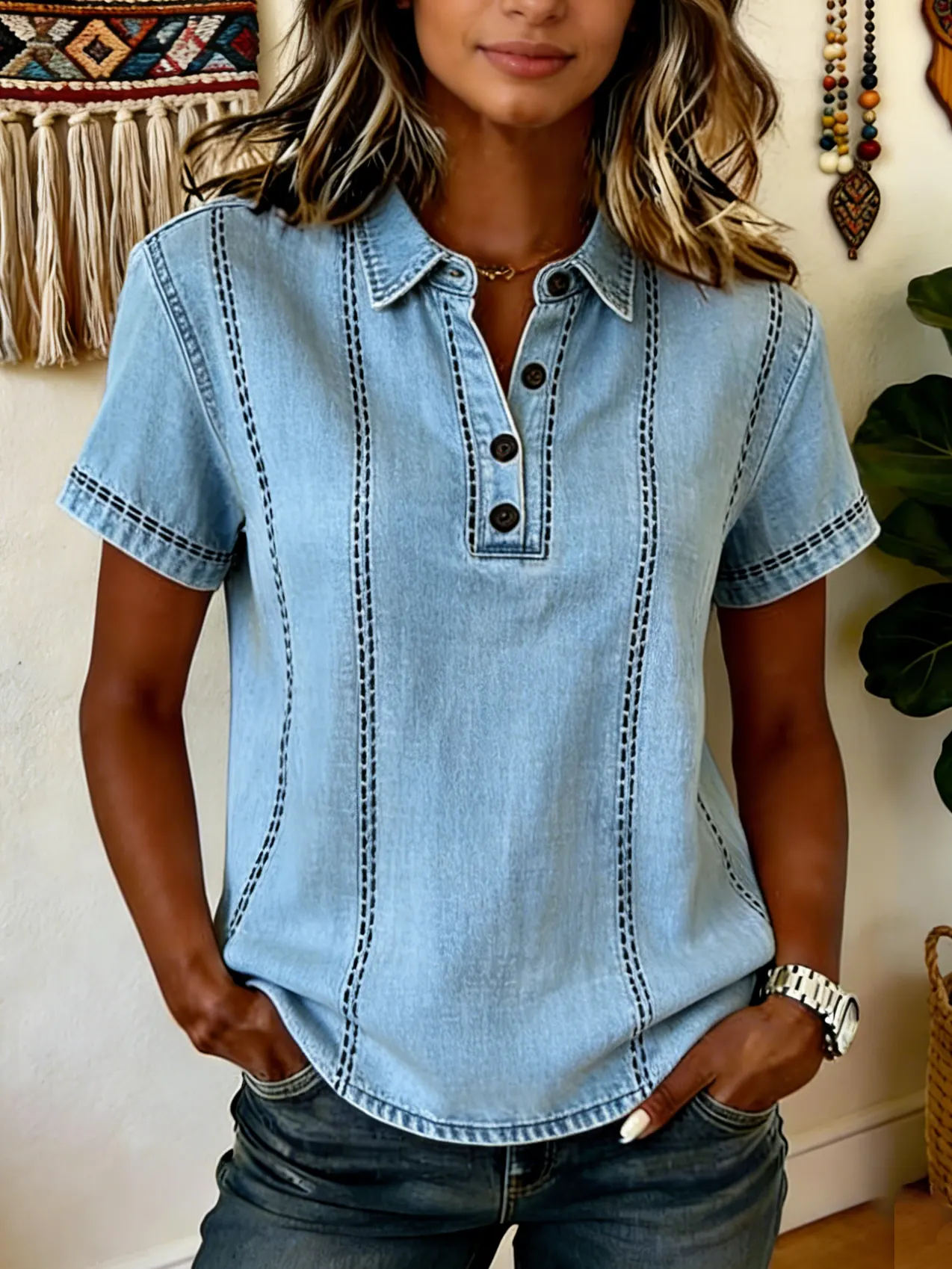 Women's Openwork Denim Short-sleeve Shirt