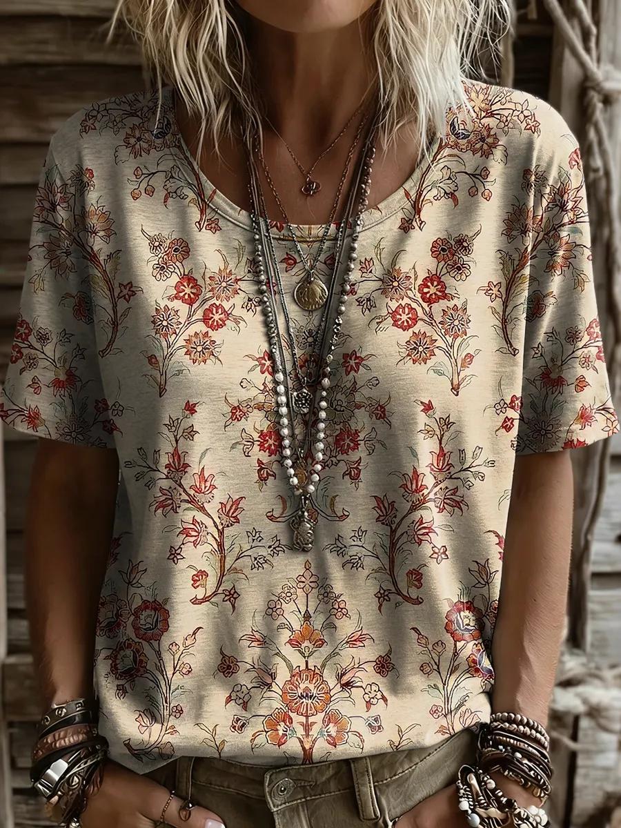 Women's Retro Floral Art Print Casual Short-sleeve Round Neck Cotton T-shirt