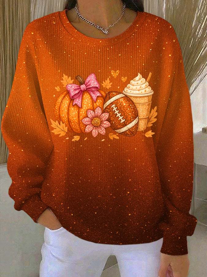 Women's Thanksgiving Pumpkin Football Print Pocketless Sweatshirt