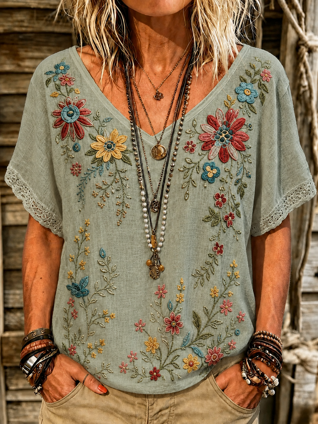 Retro Boho Forlal Print V-Neck Blouse