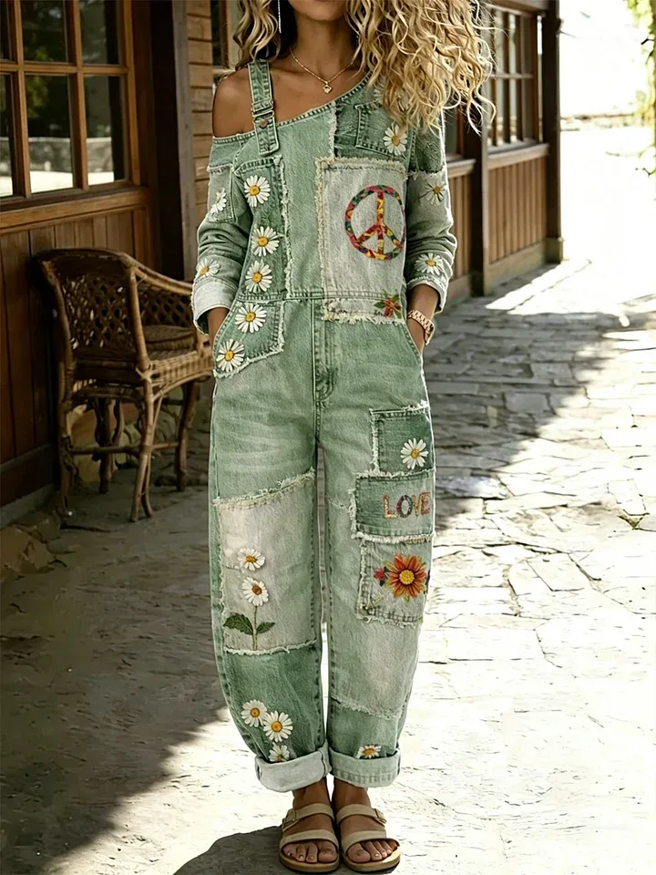 Women's Retro Floral Color-Blocked Art Print Washed Cotton Denim Patchwork Jumpsuit