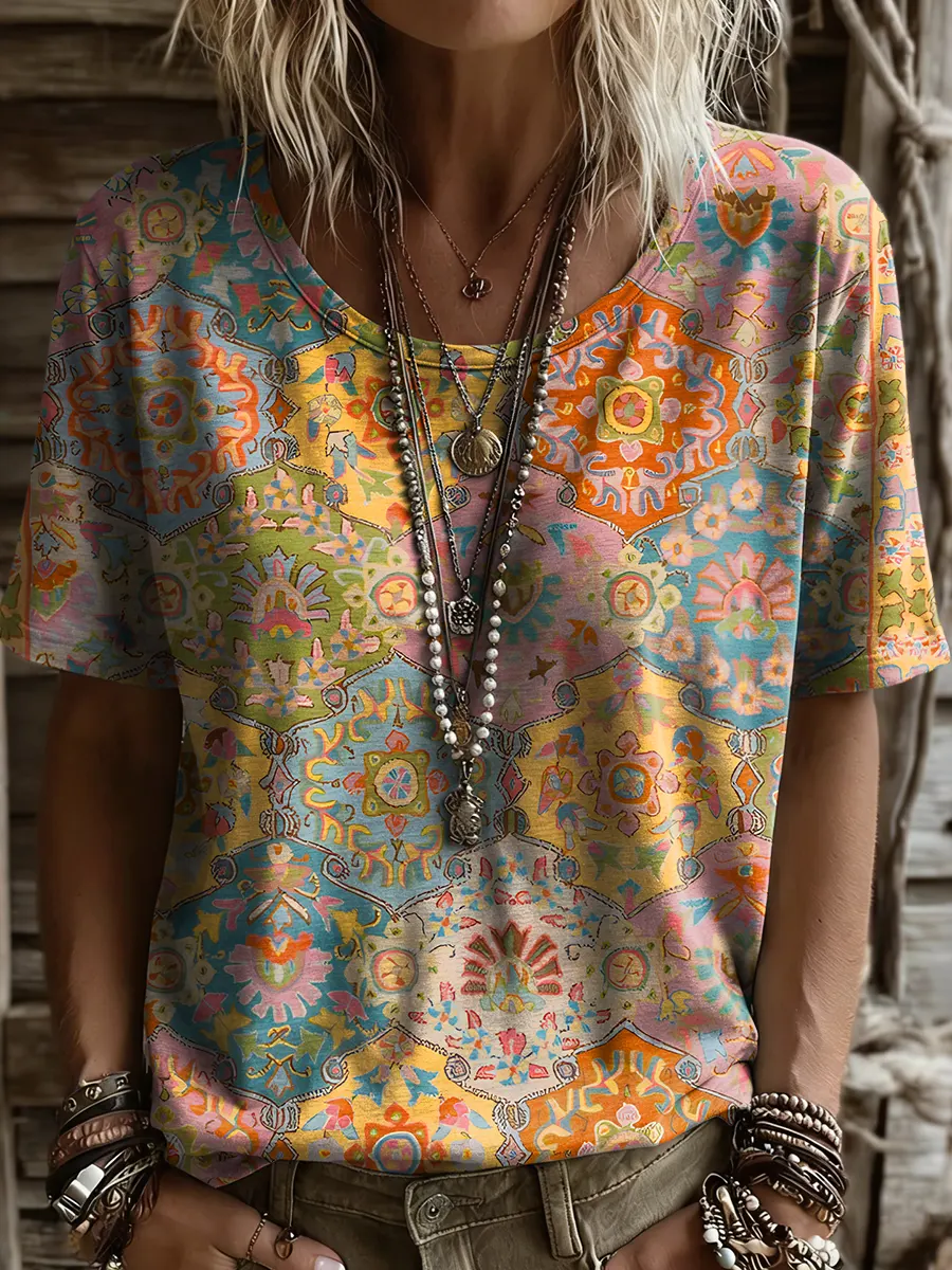 Women's Retro Ethnic Floral Tattoo Art Print Casual Short-Sleeve Crew Neck Pure Cotton T-Shirt
