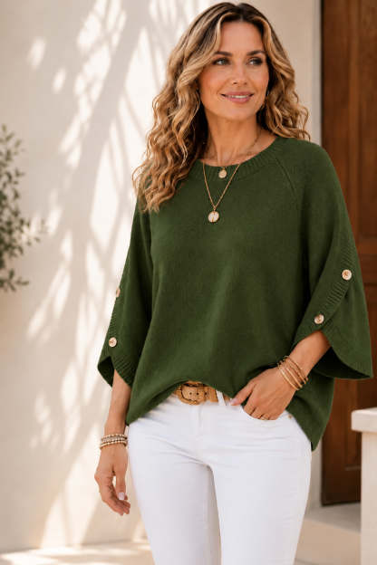 Women's Loose-Fit Crewneck Sweater with 3/4 Sleeves & Button Cuffs