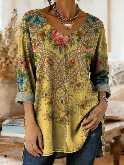 Women's Denim-colored Patchwork Pattern Art Print Casual Washed Denim Cotton Shirt