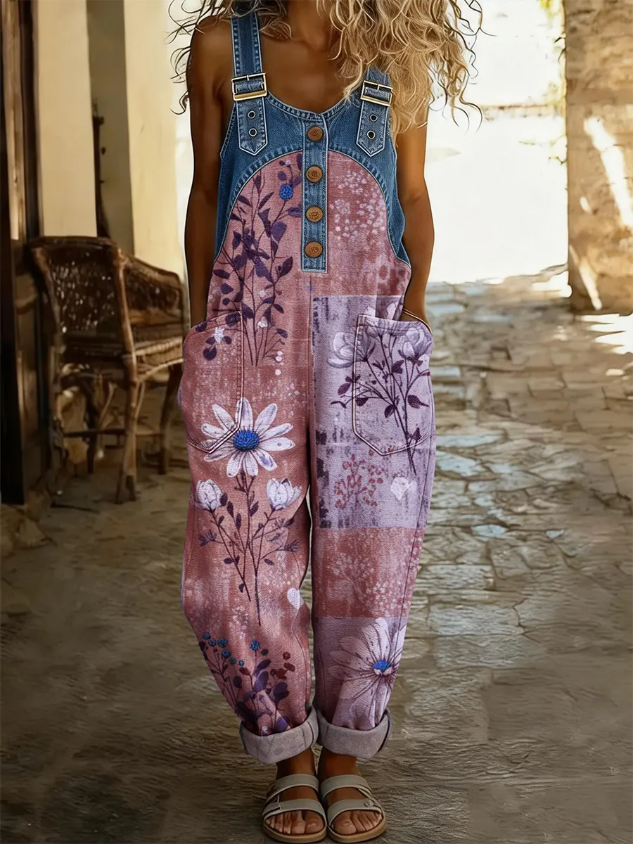 Ethnicity Bohemian Style Flowers Women's Casual Washed Cotton Denim Patchwork Jumpsuit