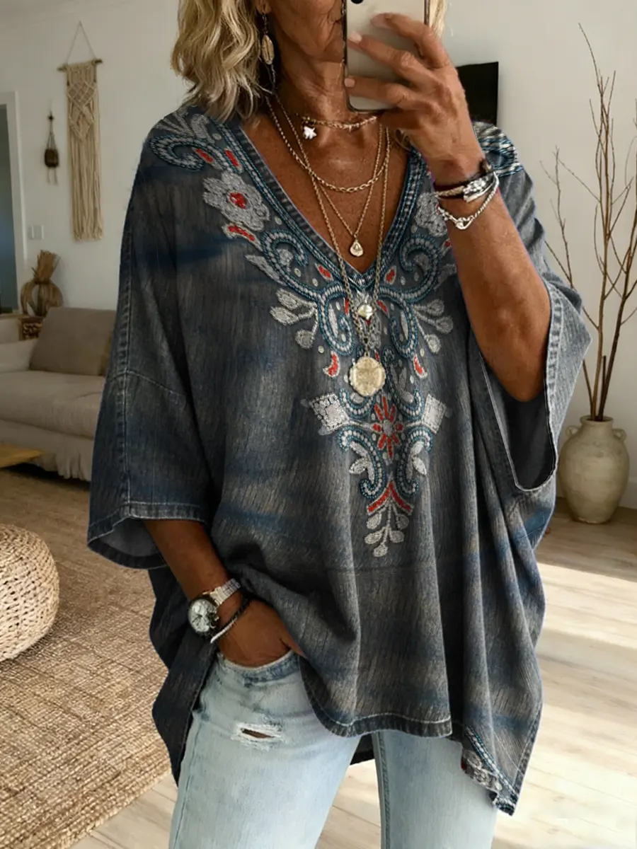Women's Vintage Ethnic Floral Print Casual Washed Cotton Denim Shirt
