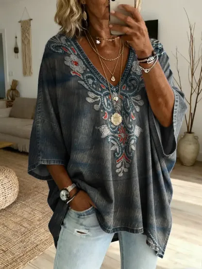 Women's Vintage Ethnic Floral Print Casual Washed Cotton Denim Shirt