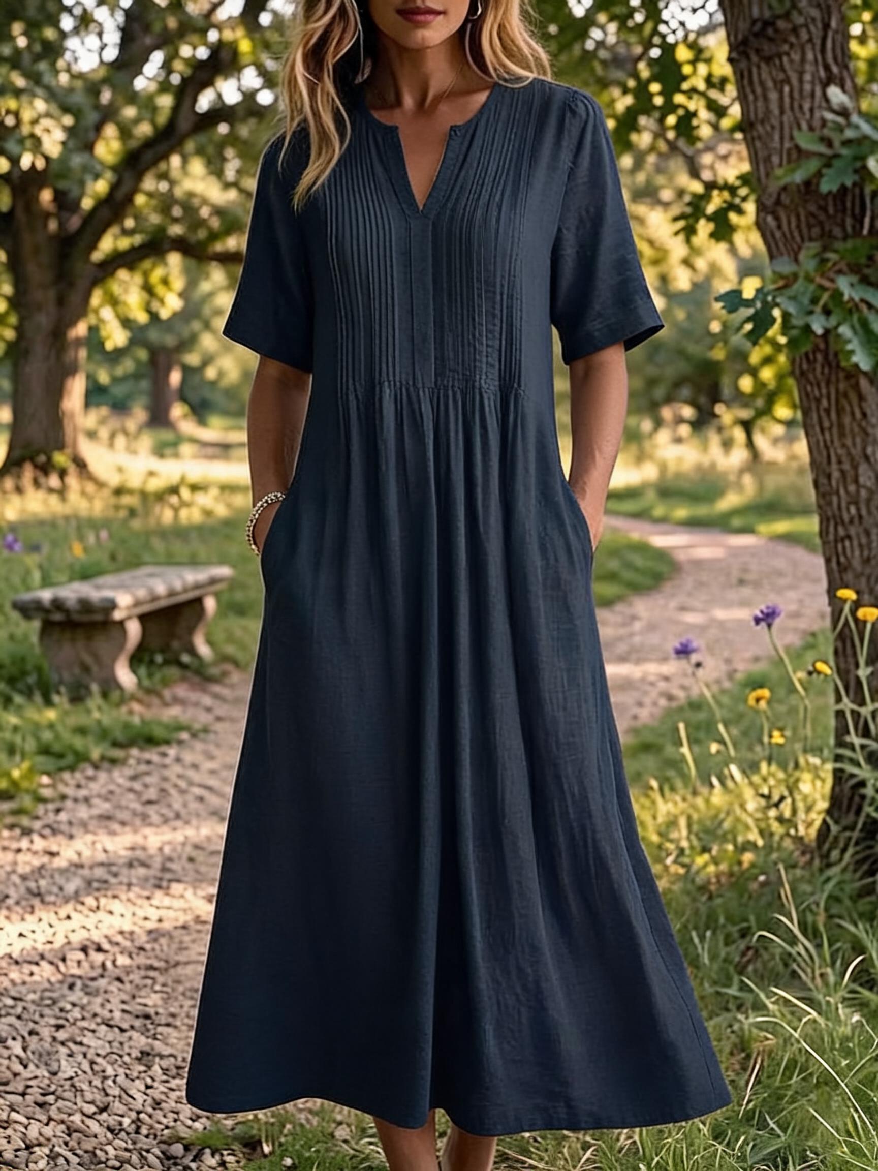 Women'S V-Neck Short-Sleeved Pleated Cotton-Linen Dress
