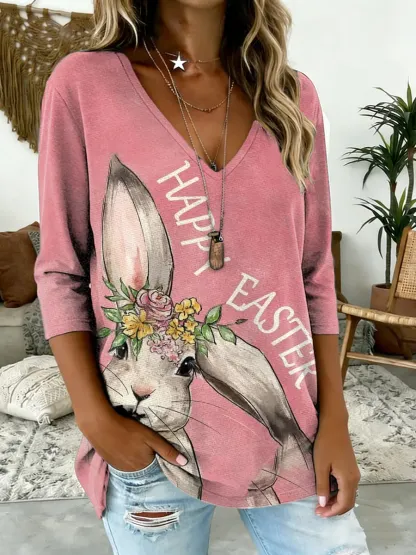 Women's Easter Bunny Print V-neck Comfortable Cotton T-shirt