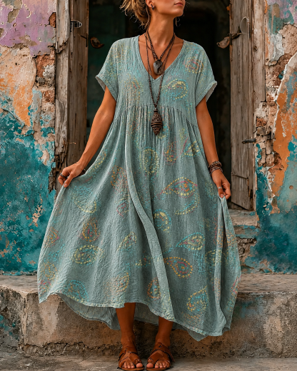 Women's Vacation Linen Boho Floral Print V-Neck Short Sleeve Maxi Dress