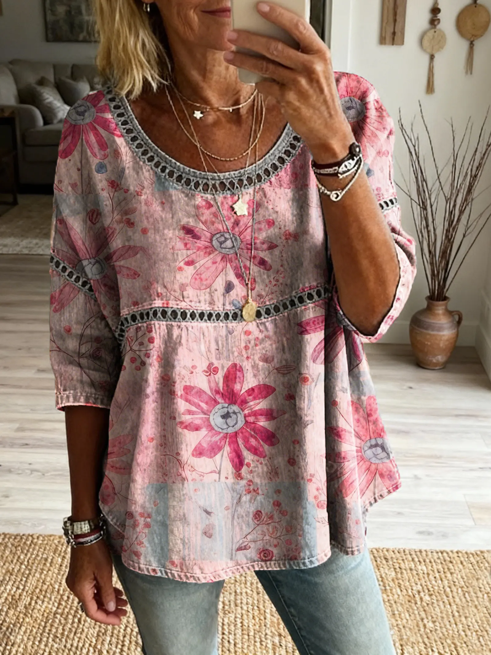 Women's Bohemian Vintage Floral Art Print Casual Round Neck Cutout Top