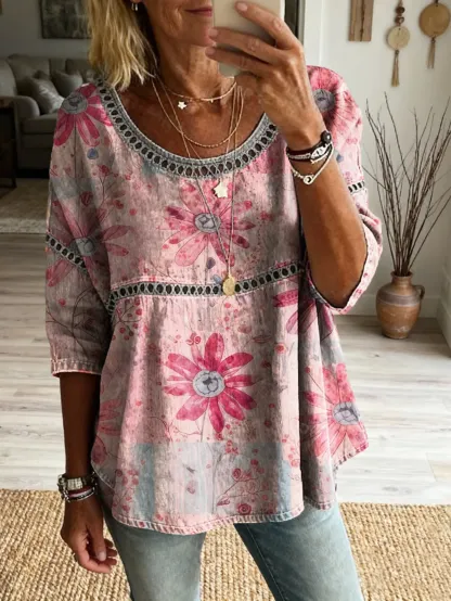 Women's Bohemian Vintage Floral Art Print Casual Round Neck Cutout Top