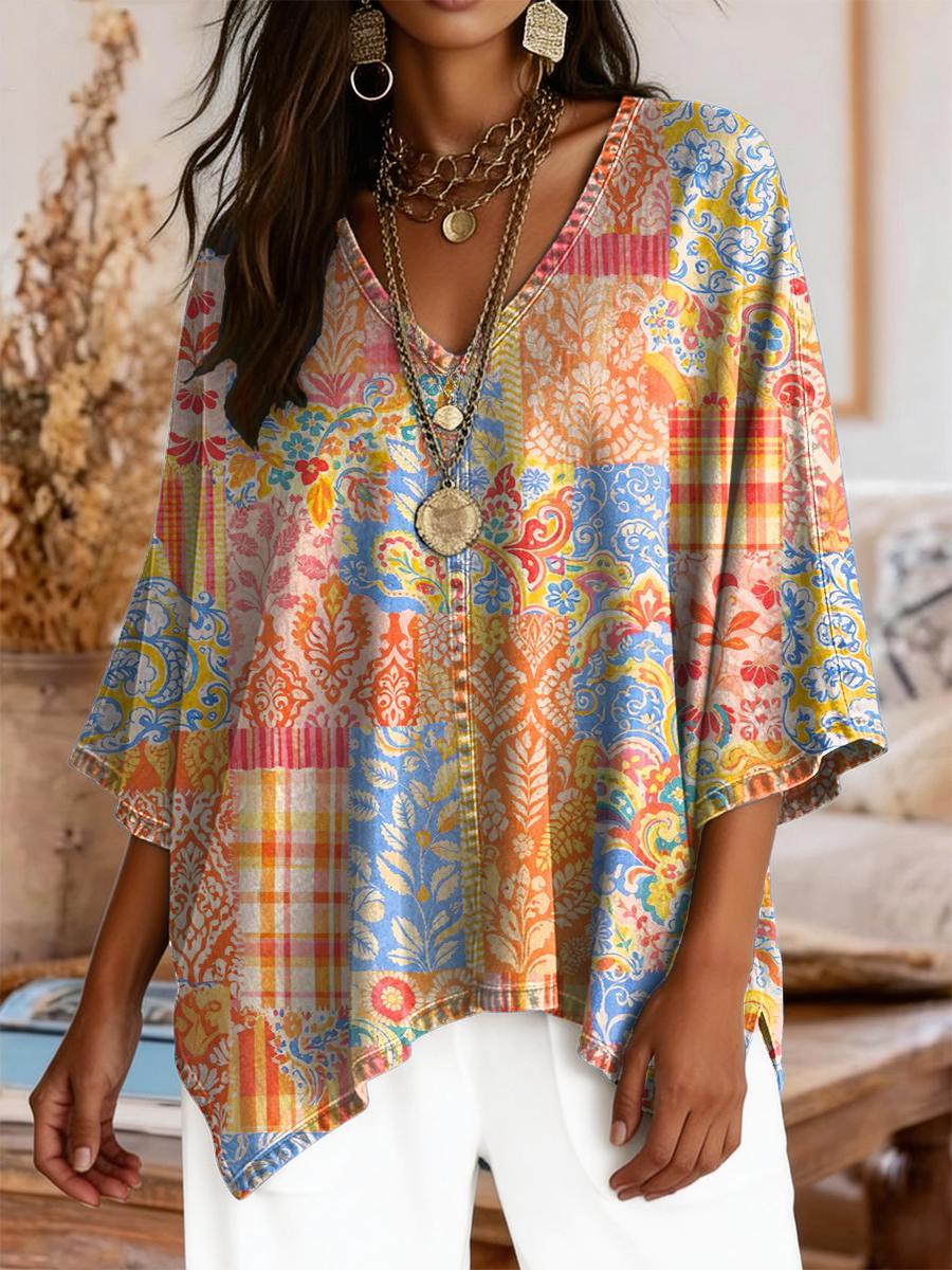 Women's Colorful Bohemian Art Print Casual V-neck Top