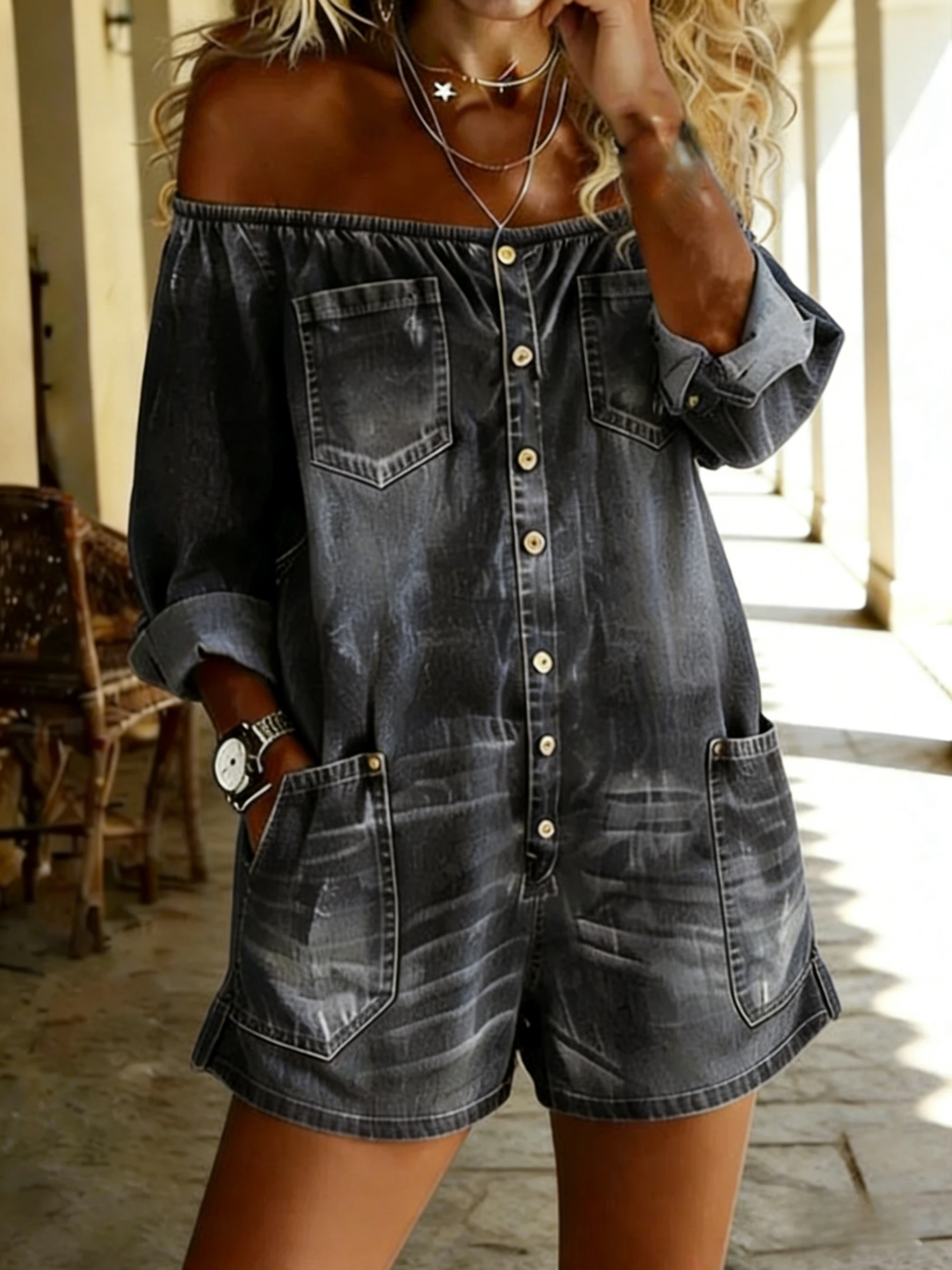 Women's Casual Cotton Denim Off-Shoulder Jumpsuit Shorts