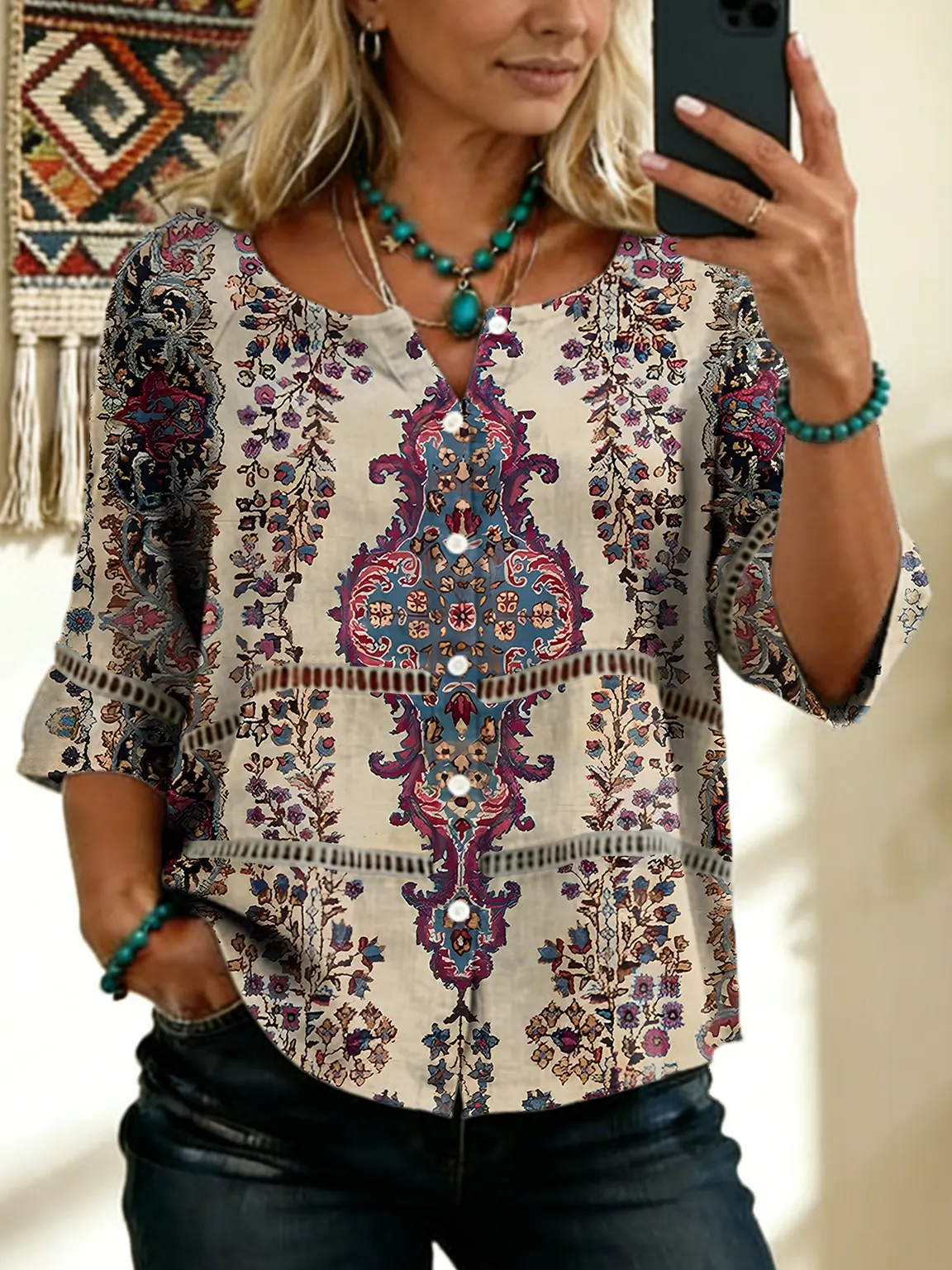 Women's Vintage Floral Art Print Tie-front Button-up Cotton-linen Blend Short-sleeve Shirt