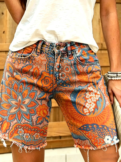 Women's Colorful Ethnic Flowers Print Denim Bermuda Shorts