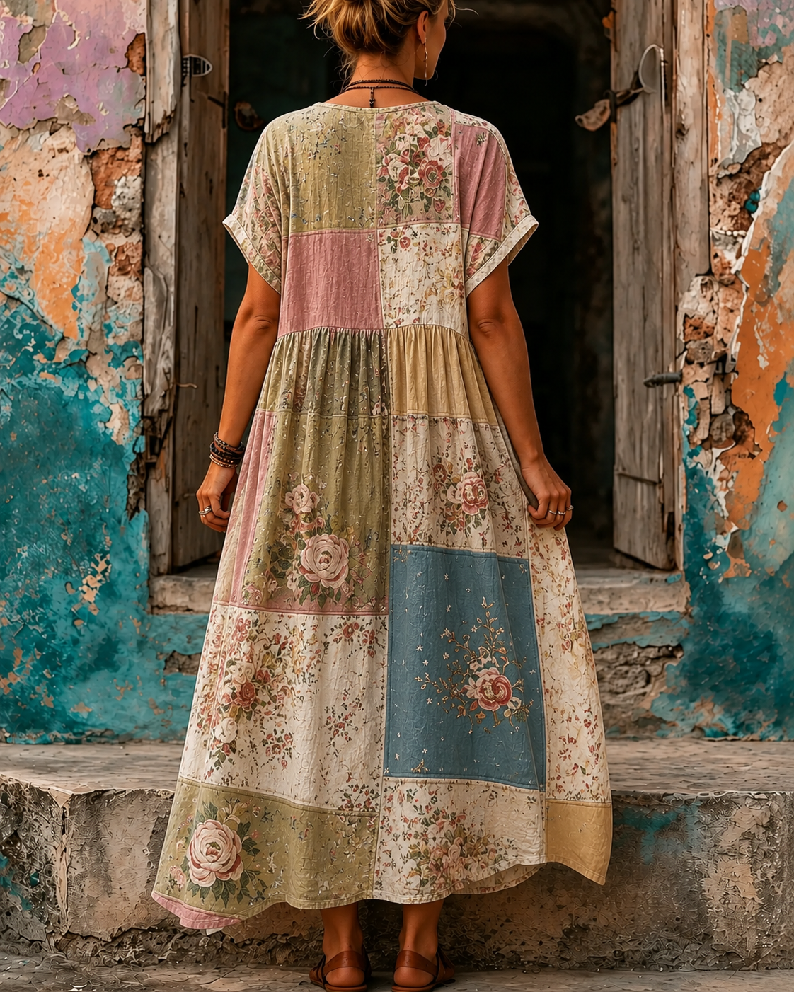 Women's Vacation Linen Boho Floral Print V-Neck Short Sleeve Maxi Dress