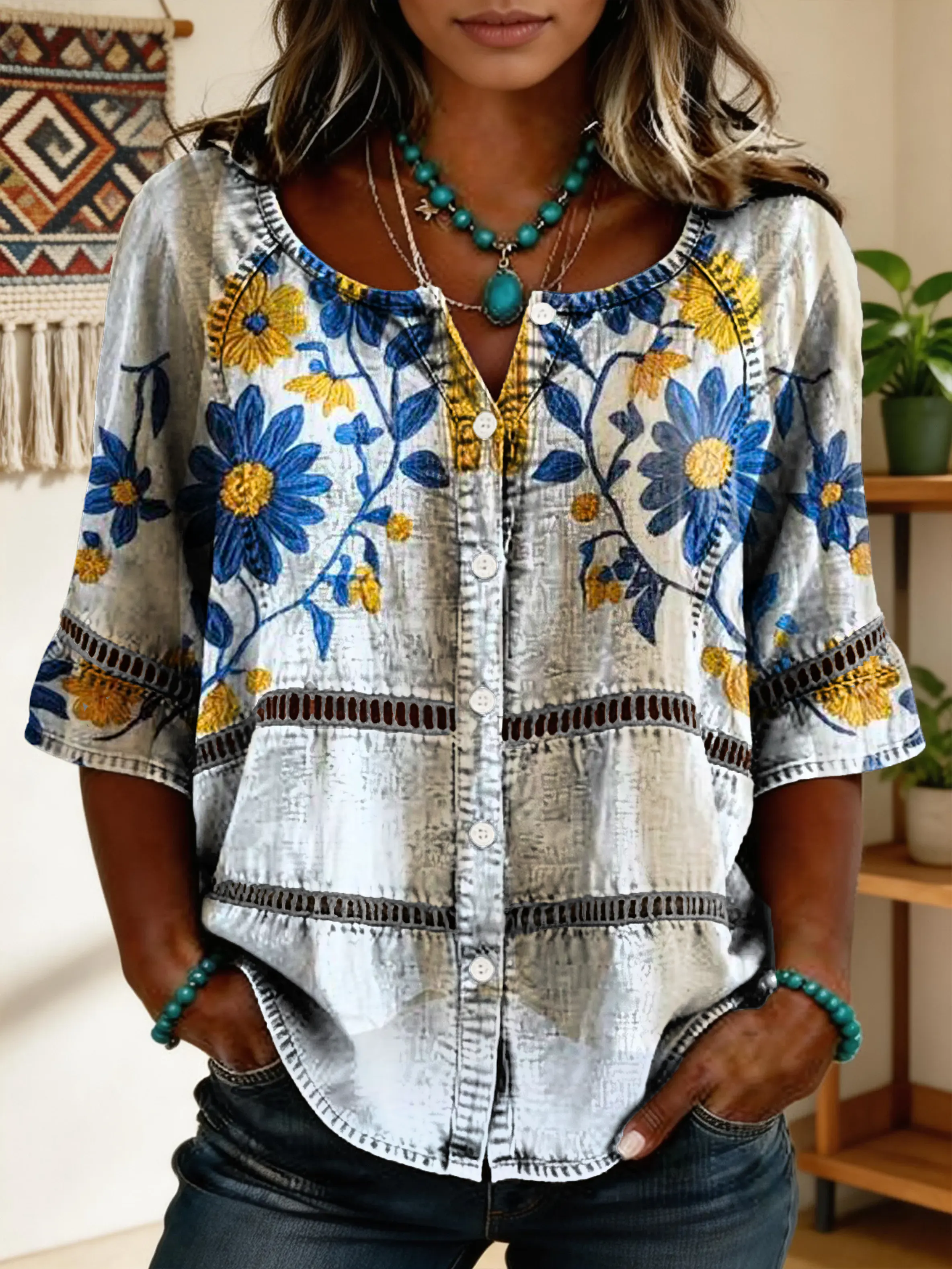 Women's Floral Art Print Lace-up Button-up Short-sleeve Shirt