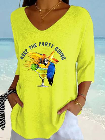 Women's Retro Muscic Lover Parrot Keep The Party Going Print Shirt