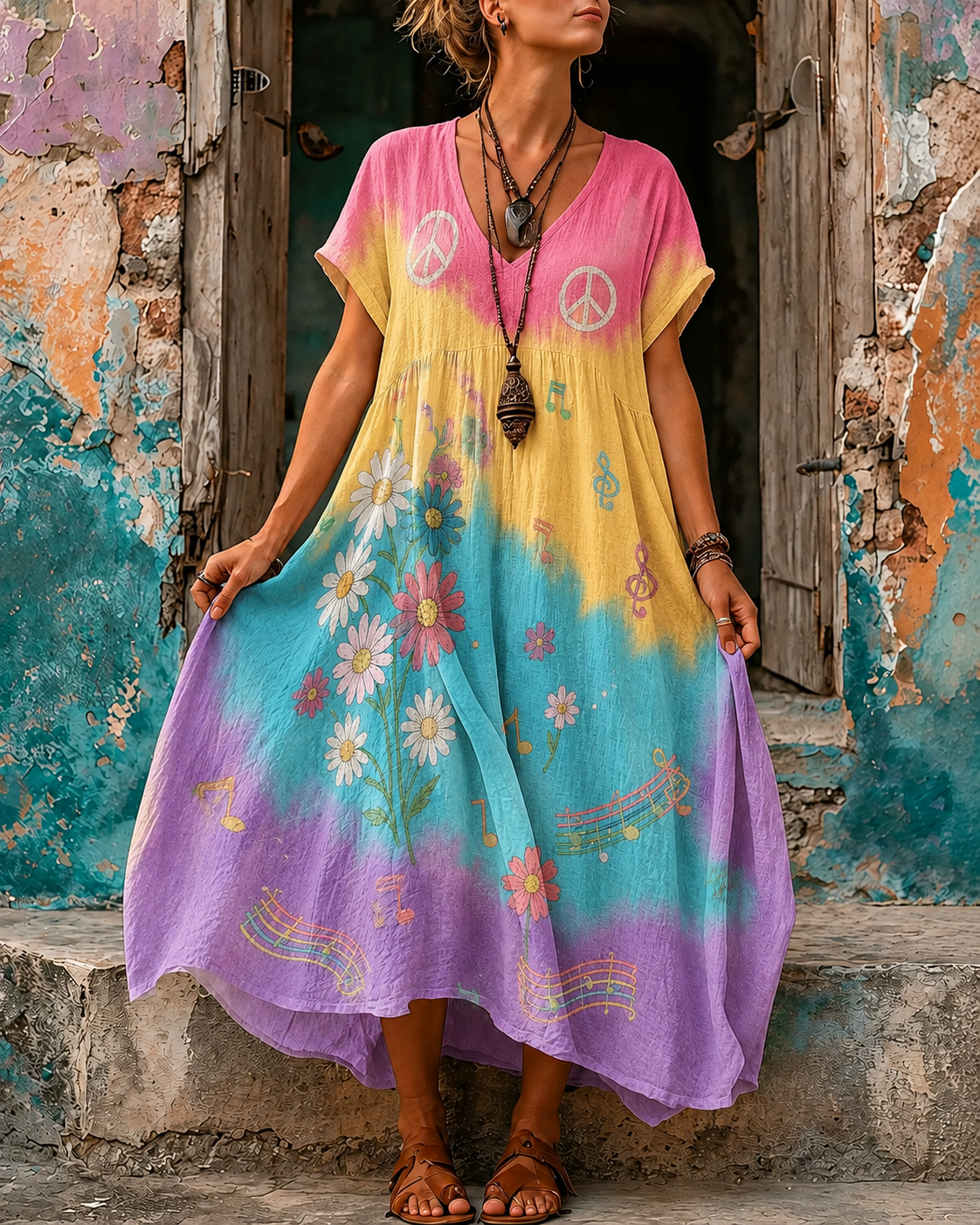Women's Vacation Linen Boho Floral Print V-Neck Short Sleeve Maxi Dress