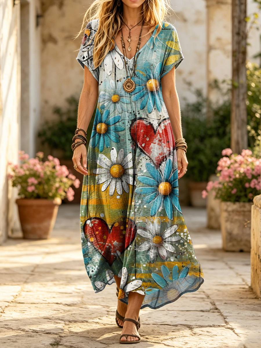 Women's Retro Colorful Heart And Floral Art Print Casual Short Sleeve V-neck Cotton Dress