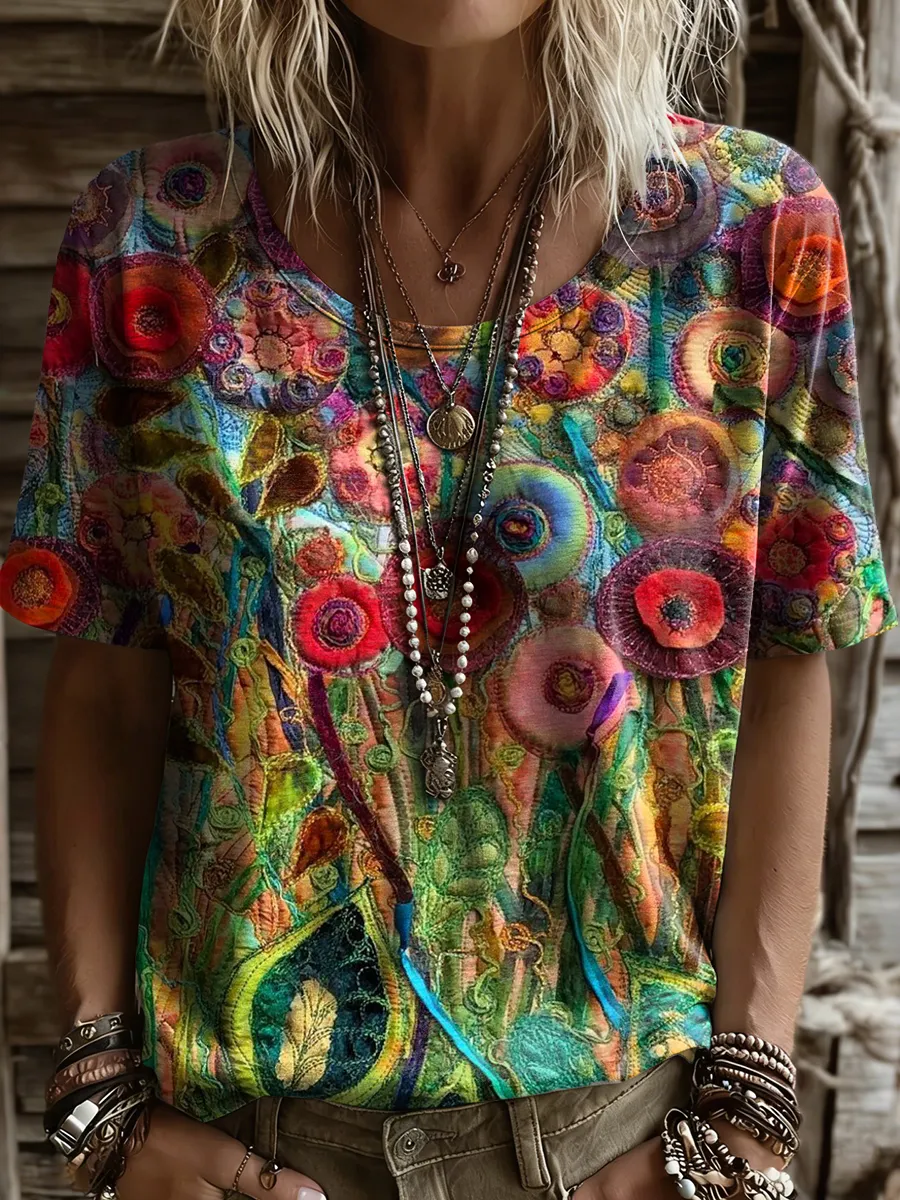 Women's Retro Colorful Floral Art Print Casual Short Sleeve Round Neck Cotton T-shirt
