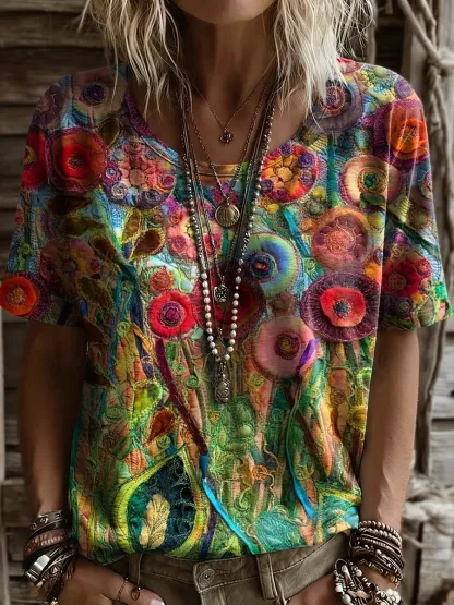 Women's Retro Colorful Floral Art Print Casual Short Sleeve Round Neck Cotton T-shirt