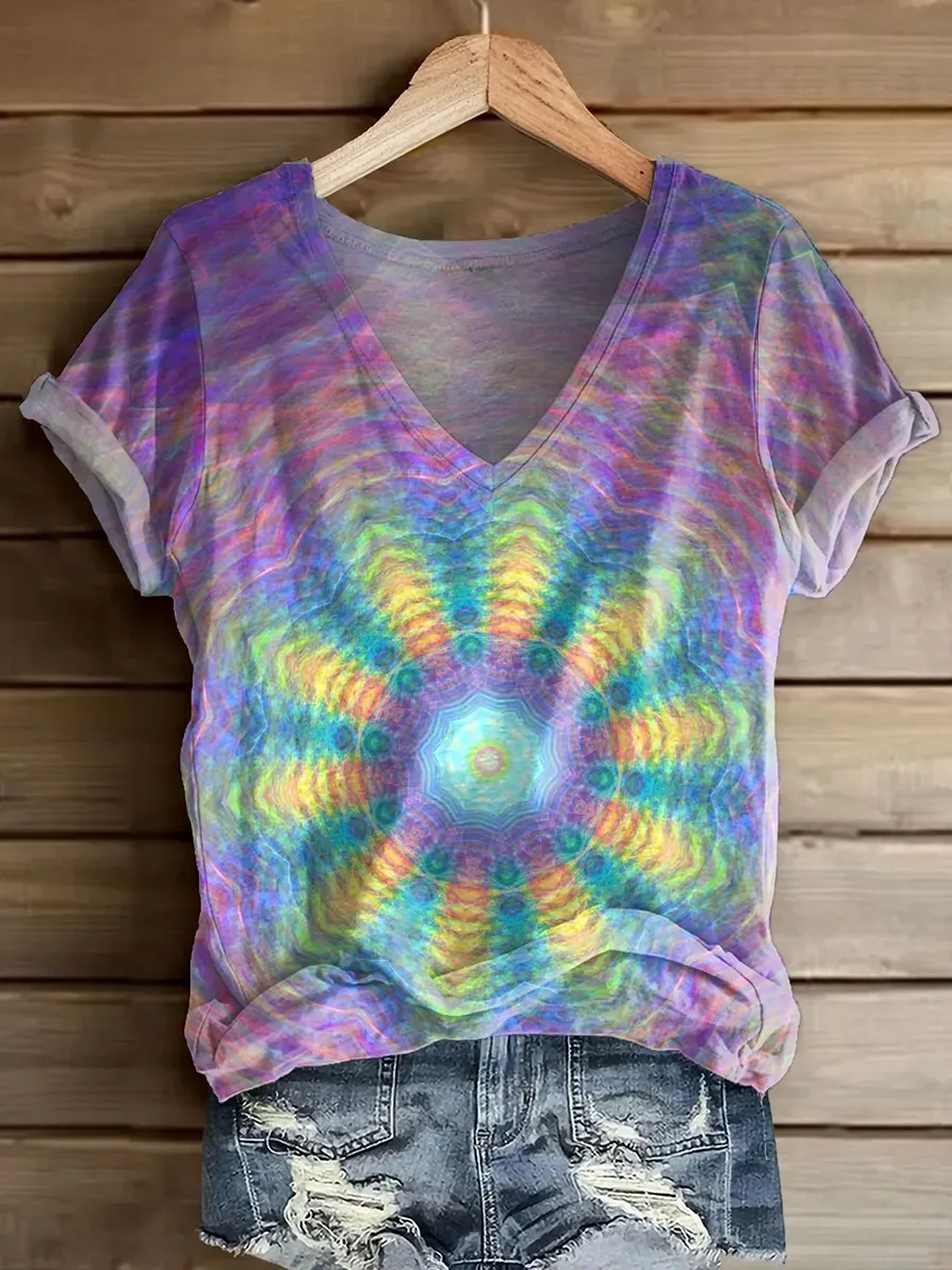 Ethnicity Kaleidoscope Purple Women's V-neck Print Casual T-shirt