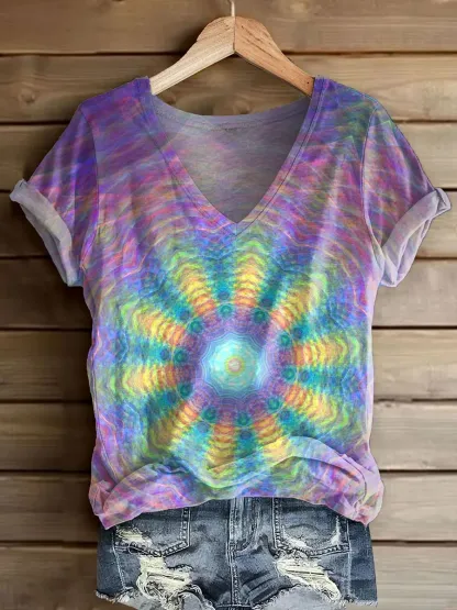 Ethnicity Kaleidoscope Purple Women's V-neck Print Casual T-shirt