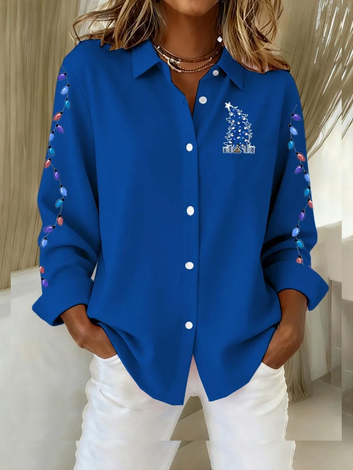 Women's Casual Christmas Print Lapel Long Sleeve Shirt