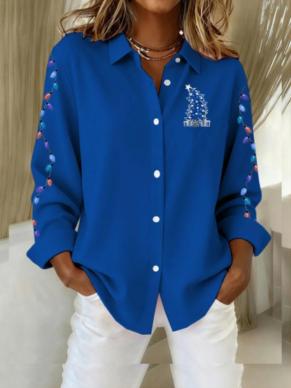 Women's Casual Christmas Print Lapel Long Sleeve Shirt