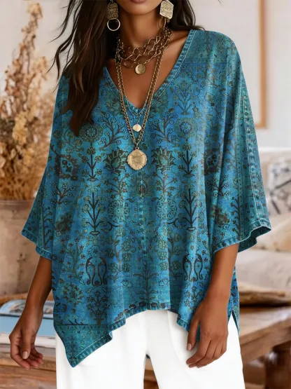 Women's Retro Ethnic Totem Art Print Casual V-neck Top