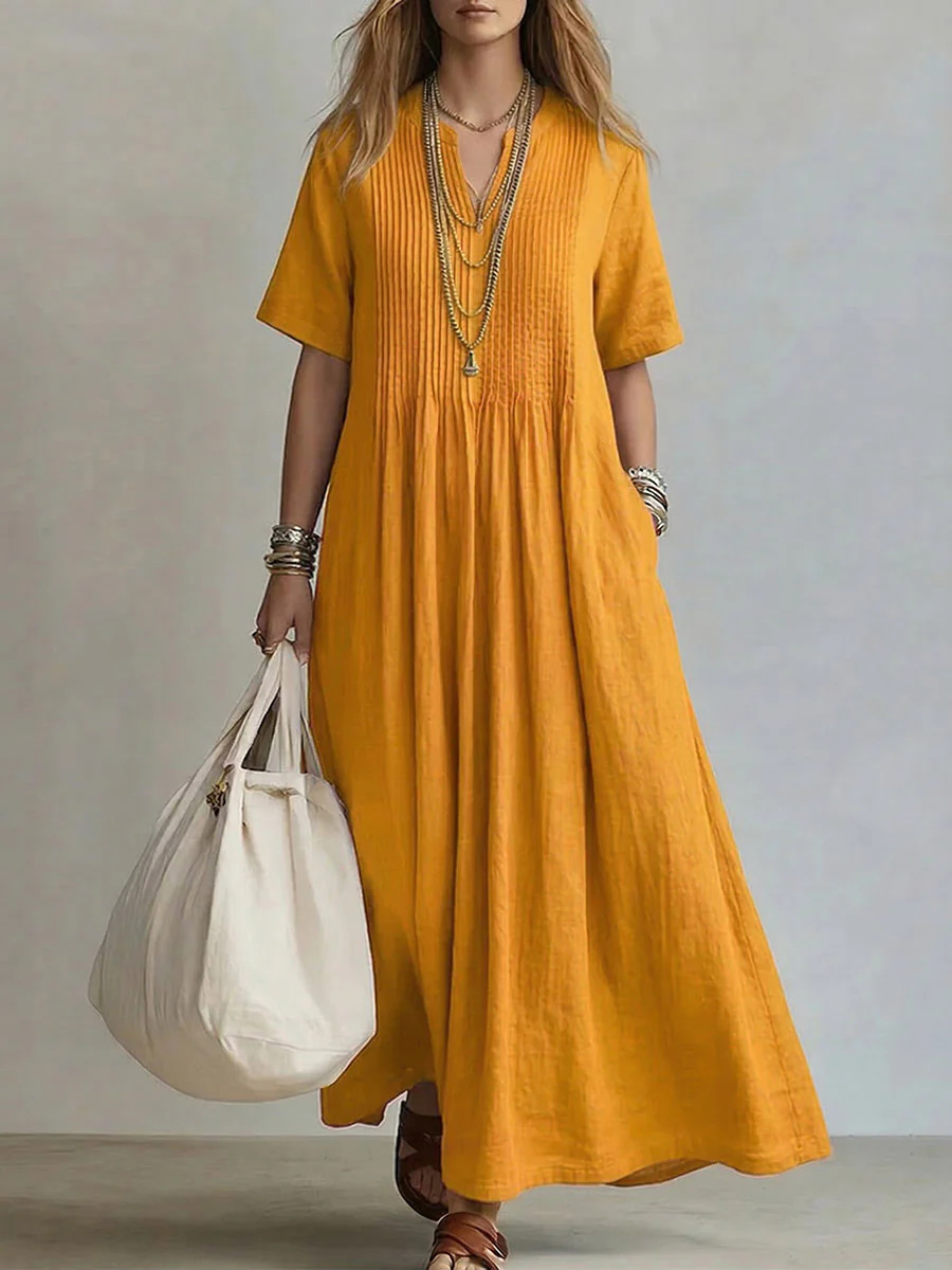 Women'S V-Neck Short-Sleeved Pleated Cotton-Linen Dress