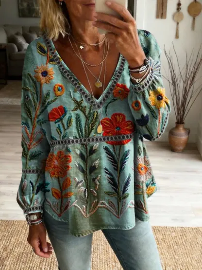 Women's Retro Colorful Floral Texture Art Print Casual Cutout Top