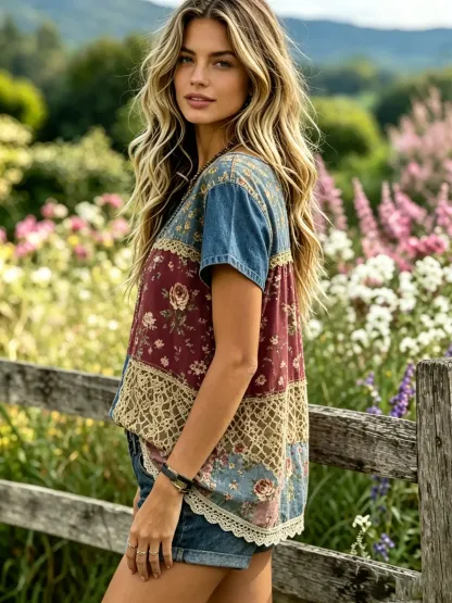 Women's Rose Floral Patchwork Print Short Sleeve Top