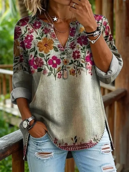 Women's Vintage Floral Print Casual V-neck Washed Cotton Denim Shirt