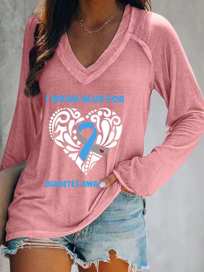 Women's I Wear Blue For Diabetes Awareness Print Long Sleeves Casual T-Shirt