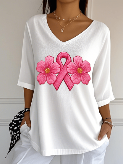 Women's Breast Cancer Awareness Print Jacquard Casual V Neck Top
