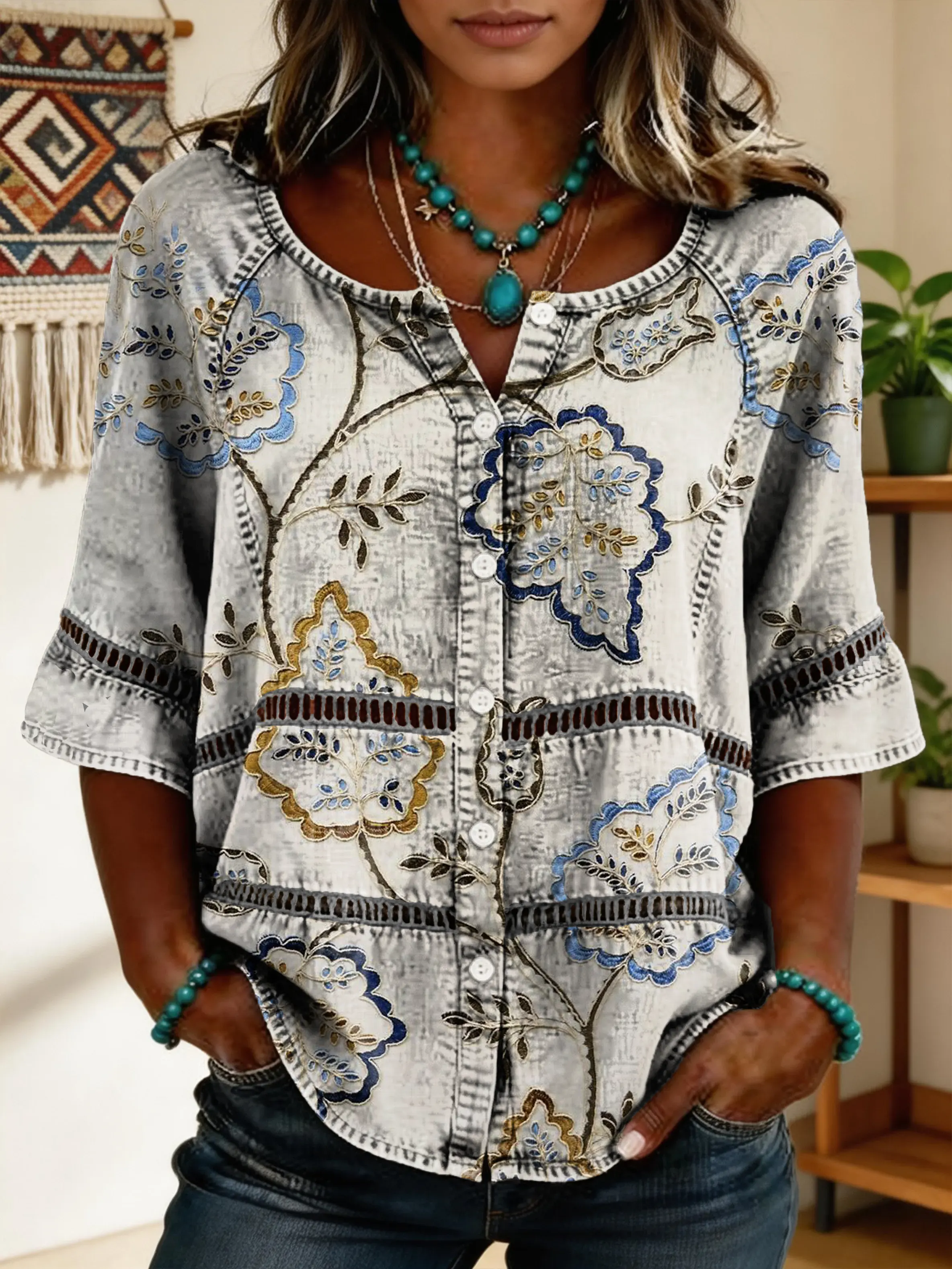 Women's Vintage Floral Art Print Lace-up Button-up Short-sleeve Shirt