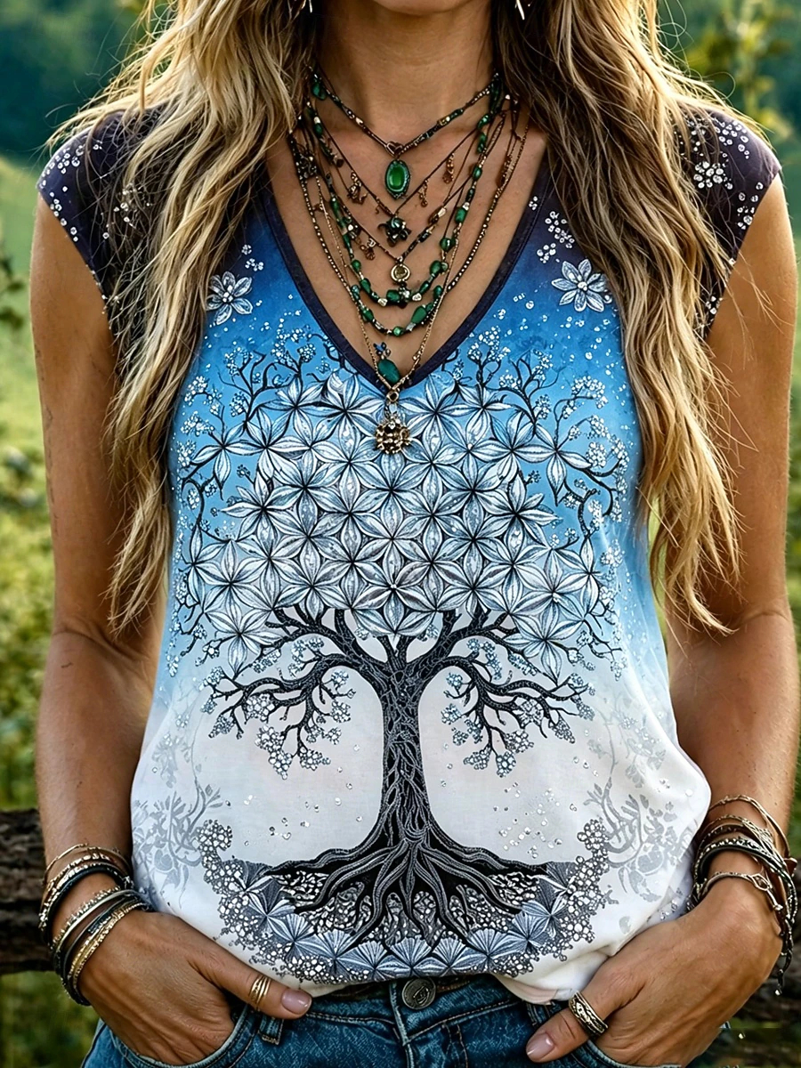 Casual Vacation Printed V-neck Tank