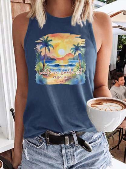 Retro Breathe In, Breathe Out, Move On Print Tops Tank